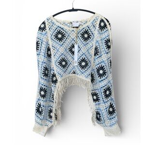 House Of Harlow 1960 Blue & Cream Crochet Fringe Cropped Shrug Sweater Size 0S